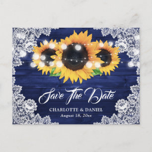 Navy Blue Rustic Wood Lace Sunflower Save The Date Announcement Postcard