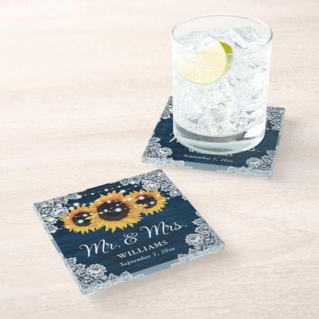 Navy Blue Rustic Wood Lace Sunflower Wedding Glass Coaster (Angled)