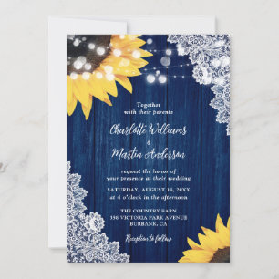 Navy Blue Rustic Wood Lace Sunflower Wedding Invitation