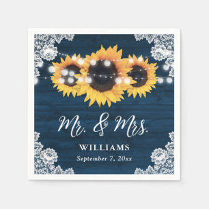 Navy Blue Rustic Wood Lace Sunflower Wedding Napkin