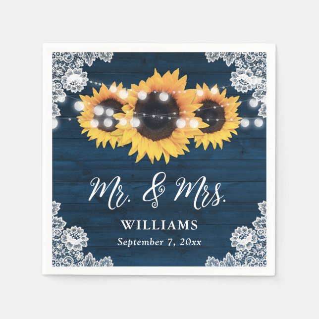 Navy Blue Rustic Wood Lace Sunflower Wedding Napkin (Front)