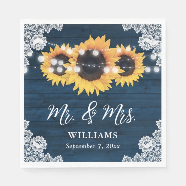 Navy Blue Rustic Wood Lace Sunflower Wedding Napkin (Front)
