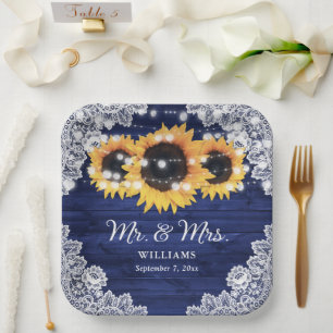 Navy Blue Rustic Wood Lace Sunflower Wedding Paper Plate