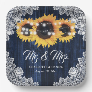 Navy Blue Rustic Wood Lace Sunflower Wedding Paper Plate
