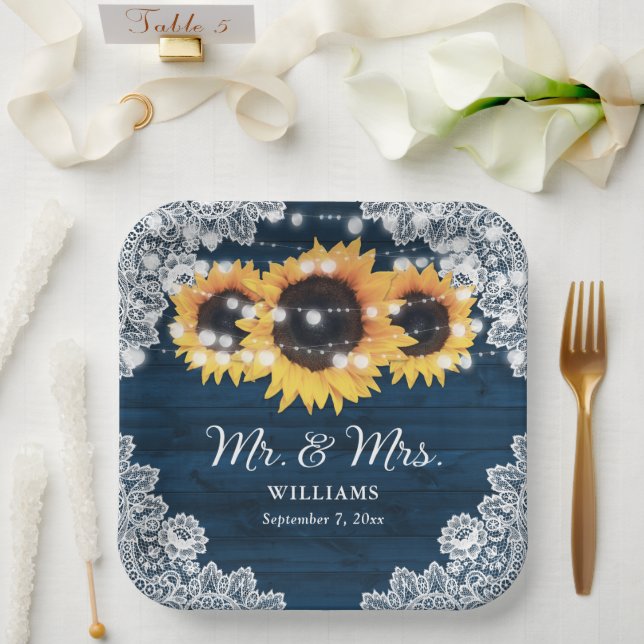 Navy Blue Rustic Wood Lace Sunflower Wedding Paper Plate (Wedding)