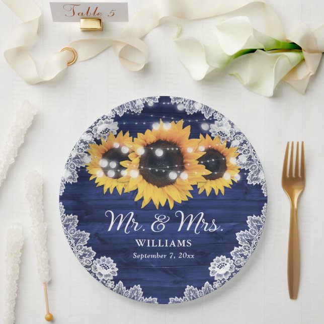 Navy Blue Rustic Wood Lace Sunflower Wedding Paper Plate (Wedding)