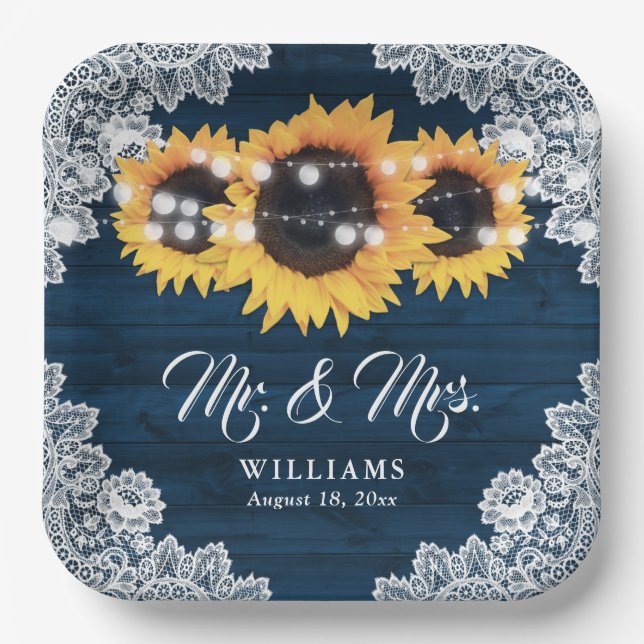 Navy Blue Rustic Wood Lace Sunflower Wedding Paper Plate (Front)