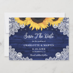 Navy Blue Rustic Wood Lace Sunflower Wedding Save The Date