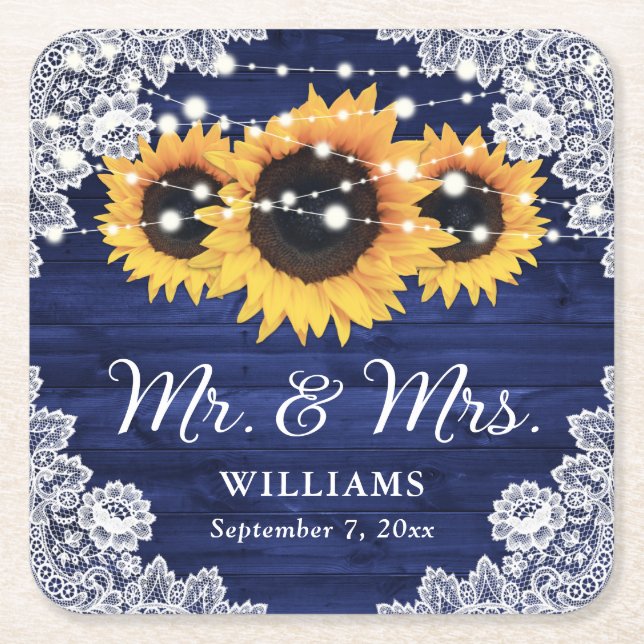 Navy Blue Rustic Wood Lace Sunflower Wedding Square Paper Coaster (Front)