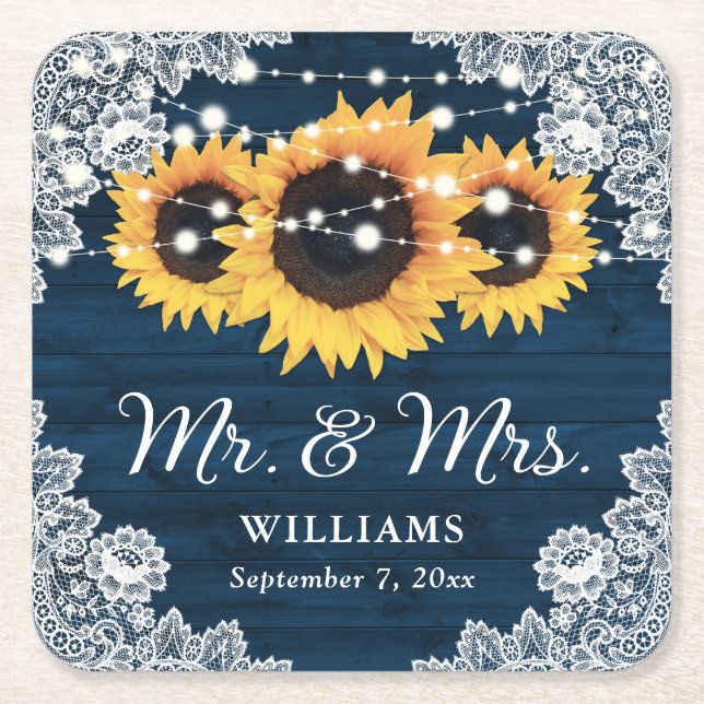Navy Blue Rustic Wood Lace Sunflower Wedding Square Paper Coaster (Front)