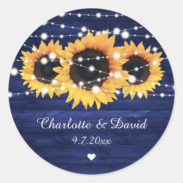 Navy Blue Rustic Wood Lights Sunflower Wedding Classic Round Sticker (Front)