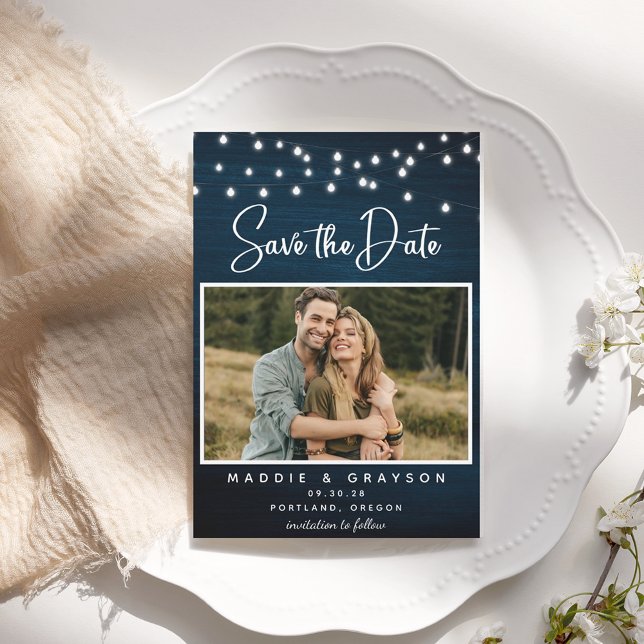 Navy Blue Rustic Wood Photo Lights Save the Date  Invitation (Creator Uploaded)
