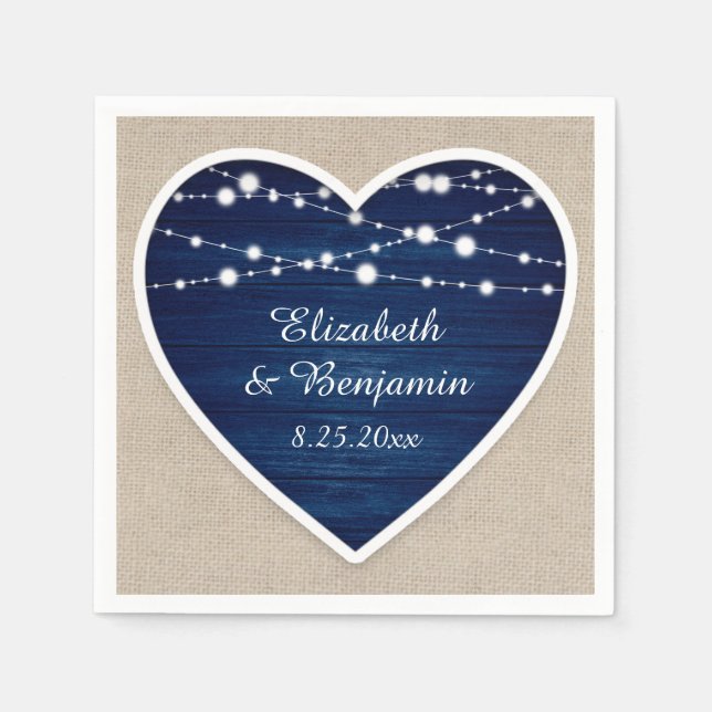 Navy Blue Rustic Wood String Lights Burlap Wedding Napkin (Front)