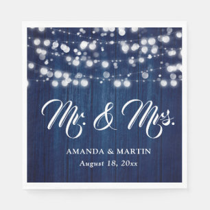 Navy Blue Rustic Wood String Lights Mr and Mrs Napkin