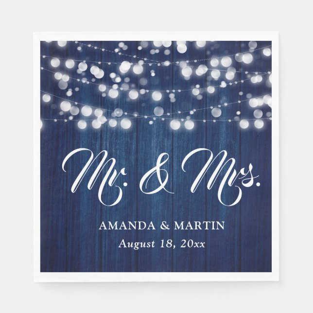 Navy Blue Rustic Wood String Lights Mr and Mrs Napkin (Front)