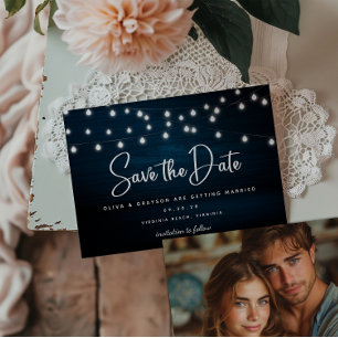 Navy Blue Rustic Wood String Lights Photo  Save The Date