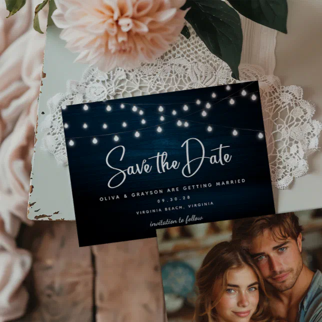 Navy Blue Rustic Wood String Lights Photo Save The Date | Zazzle