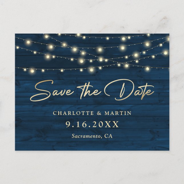 Navy Blue Rustic Wood String Lights Save The Date Announcement Postcard (Front)