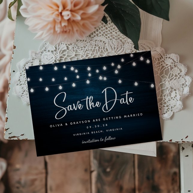 Navy Blue Rustic Wood String Lights Save The Date  Postcard (Creator Uploaded)