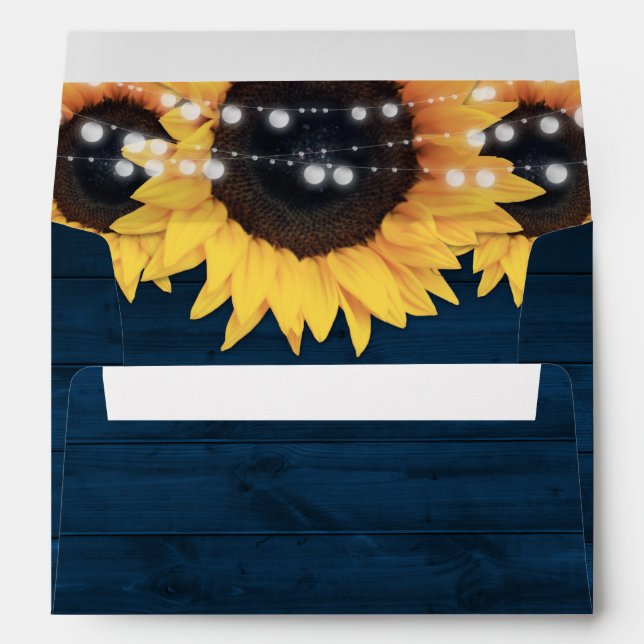 Navy Blue Rustic Wood String Lights Sunflowers Envelope (Back (Bottom))