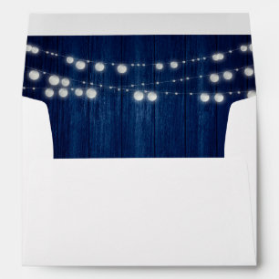 Navy Blue Rustic Wood String Lights Wedding Envelope