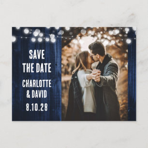 Navy Blue Rustic Wood String Lights Wedding Photo Announcement Postcard