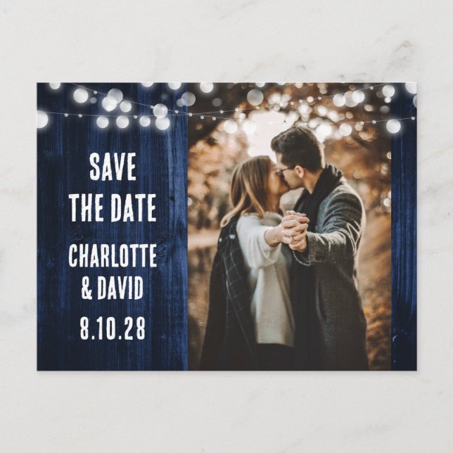 Navy Blue Rustic Wood String Lights Wedding Photo Announcement Postcard (Front)