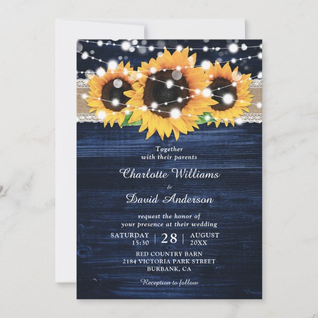 Navy Blue Rustic Wood Sunflower Wedding Invitation (Front)
