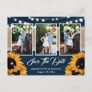 Navy Blue Rustic Wood Sunflower Wedding Photo Announcement Postcard
