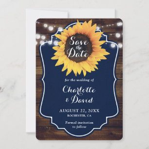 Navy Blue Rustic Wood Sunflower Wedding Save The Date