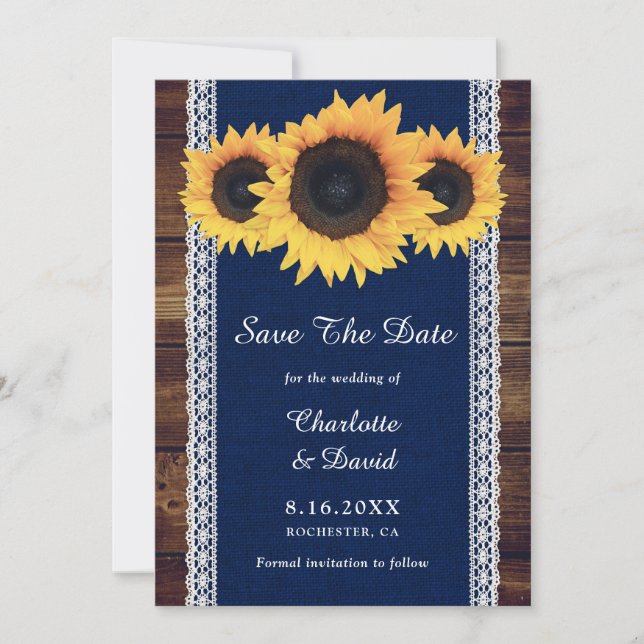 Navy Blue Rustic Wood Sunflower Wedding Save The Date (Front)