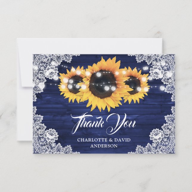 Navy Blue Rustic Wood Sunflower Wedding Thank You Card (Front)
