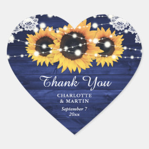 Navy Blue Rustic Wood Sunflower Wedding Thank You Heart Sticker