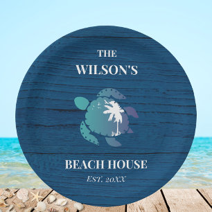 Navy Blue Rustic Wood Turtle Beach House Party Paper Plate