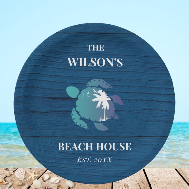 Navy Blue Rustic Wood Turtle Beach House Party Paper Plate (Creator Uploaded)