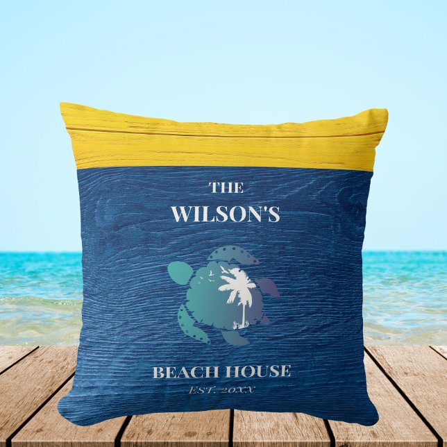 Navy Blue Rustic Wood Turtle Family Beach House Cushion (Creator Uploaded)