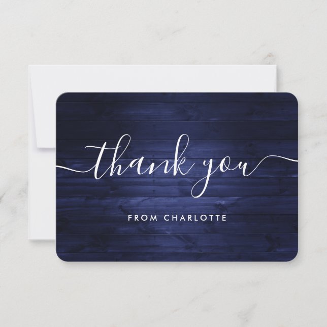 Navy Blue Rustic Wood Wedding Shower Birthday Thank You Card (Front)