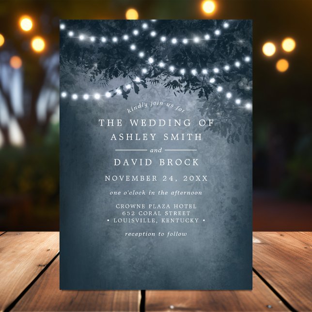 Navy Blue Rustic Woodland Tree Lights Wedding Invitation (Creator Uploaded)