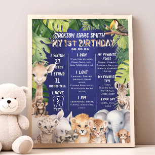 Navy Blue Safari Jungle Animals 1st Milestone Photo Print
