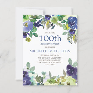 Navy Blue Sage Green Floral 100th Birthday Party Card