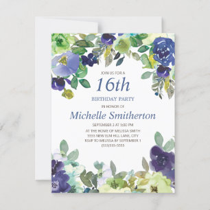 Navy Blue Sage Green Floral 16th Birthday Party Card