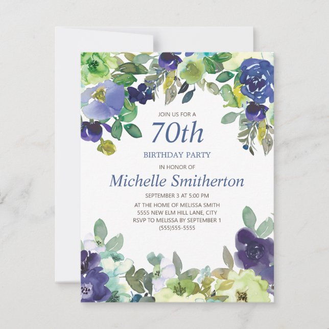 Navy Blue Sage Green Floral 70th Birthday Party Card (Front)