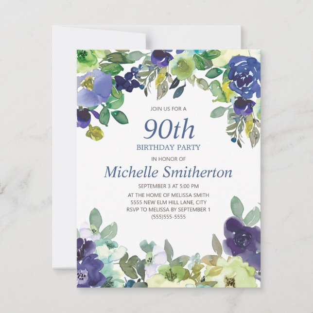 Navy Blue Sage Green Floral 90th Birthday Party Card (Front)