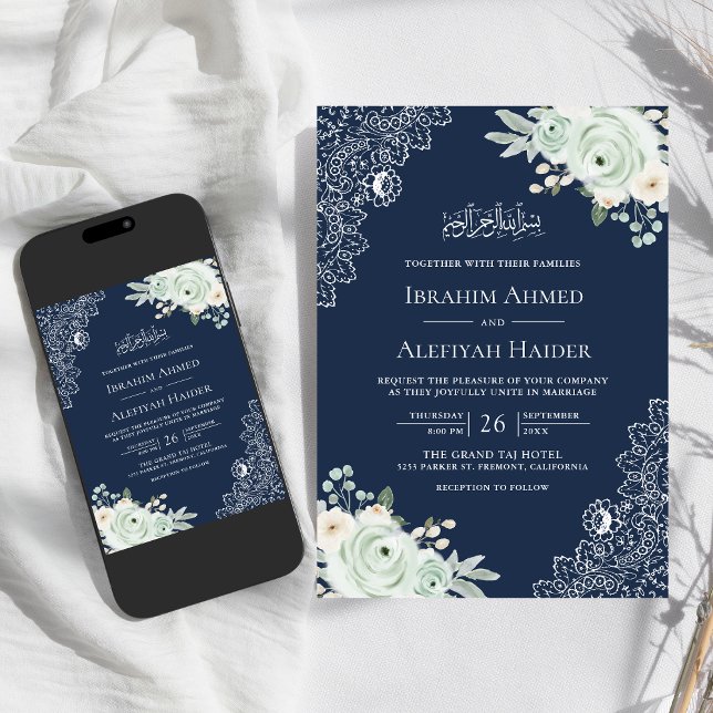 Navy Blue Sage Green Floral Lace Muslim Wedding Invitation (Creator Uploaded)