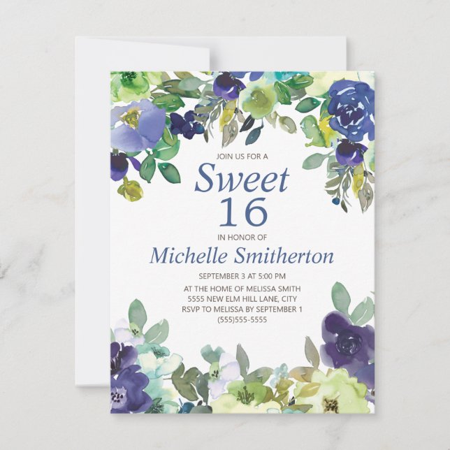 Navy Blue Sage Green Floral Sweet 16 Birthday Card (Front)