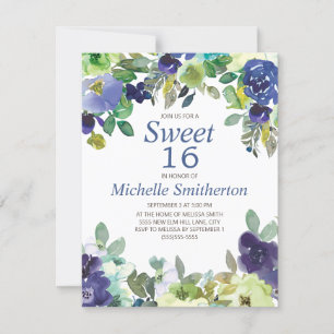 Navy Blue Sage Green Floral Sweet 16 Birthday Card