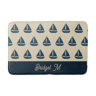 navy blue sailboat & Monogram Beige Coastal home Bath Mat