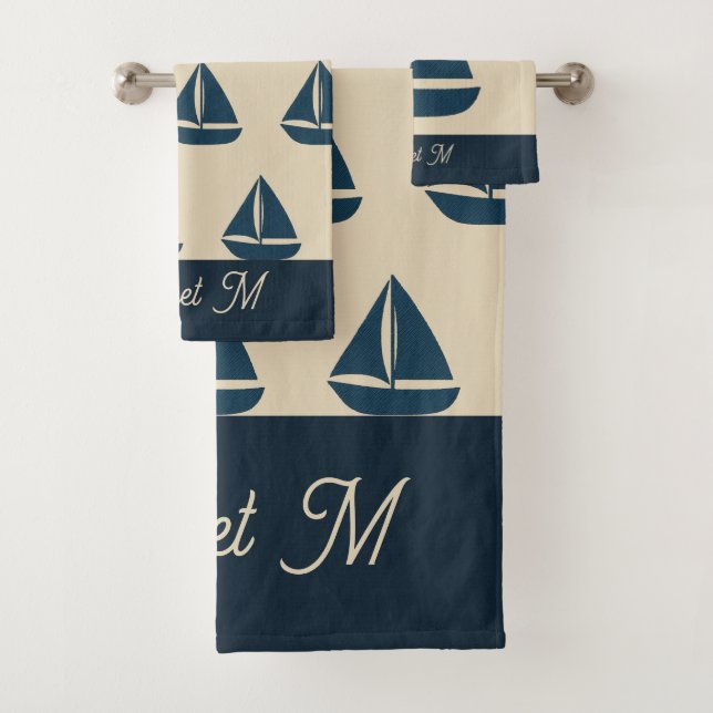 navy blue sailboat & Monogram Beige Coastal home Bath Towel Set (Insitu)