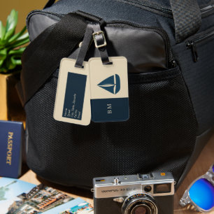 navy blue sailboat & Monogram Beige Coastal home Luggage Tag