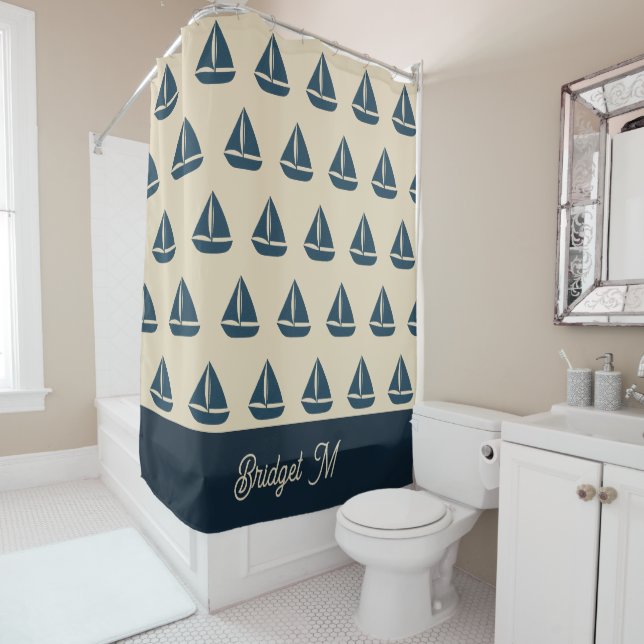 navy blue sailboat & Monogram Beige Coastal home Shower Curtain (In Situ)